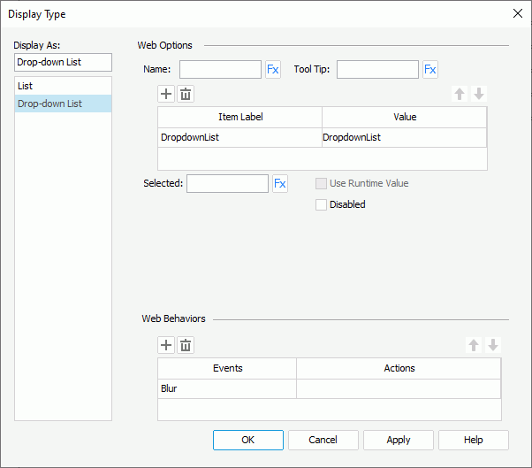 Display Type dialog box - List