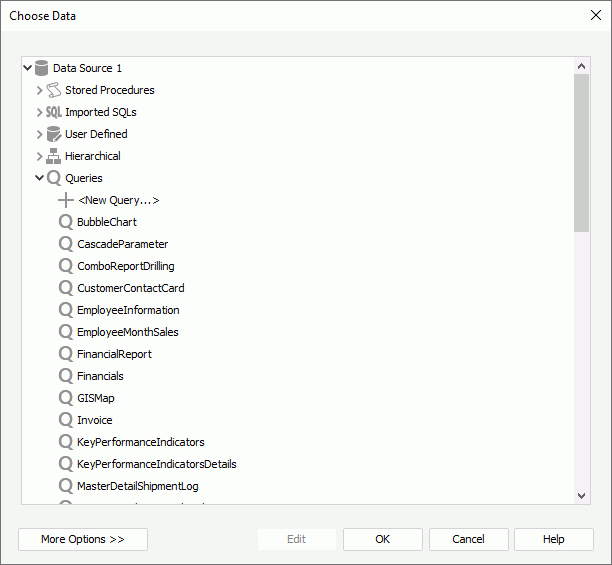 Choose Data dialolg box - for choosing query resources