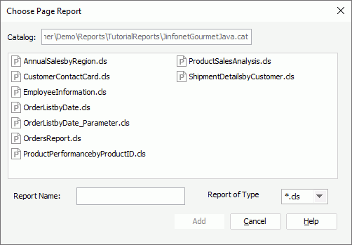 Choose Page Report dialog box