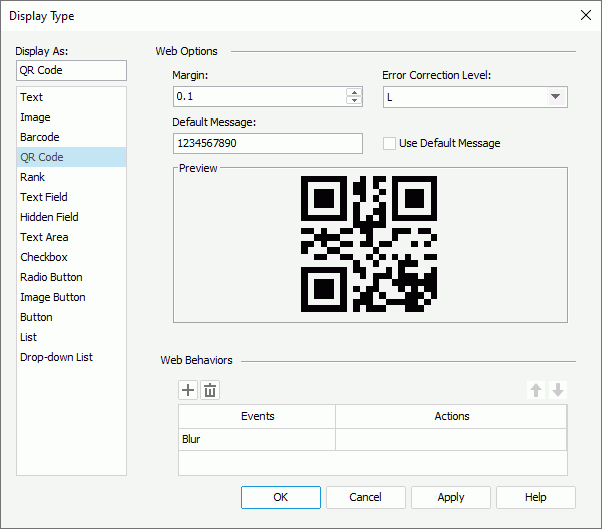 Dispay Type dialog box - QR Code