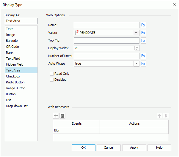 Display Type dialog box - Text Area