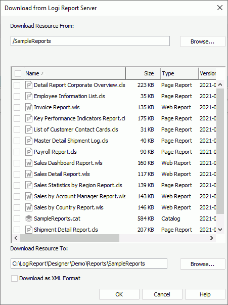 Download from Logi Report Server dialog box