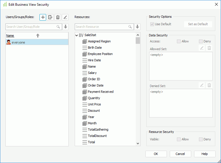 Edit Business View Security dialog box