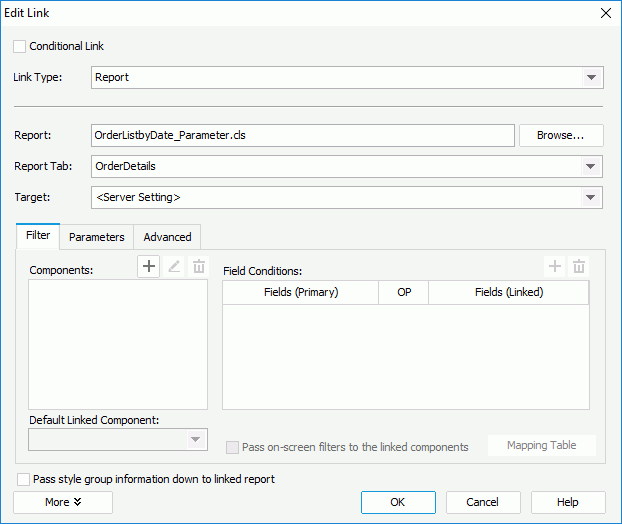 Edit Link dialog box for Report