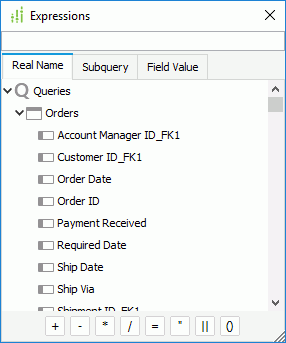 Expressions dialog box - Real Name tab