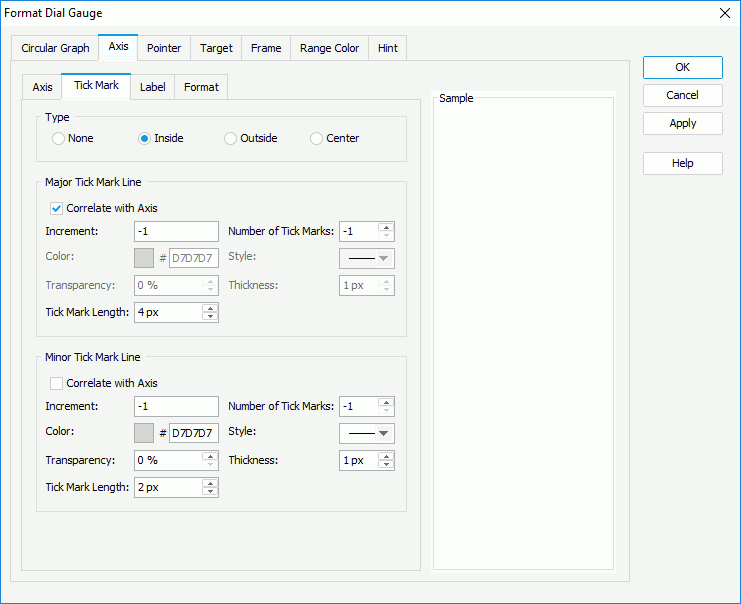 Format Dial Gauge dialog box - Axis - Tick Mark