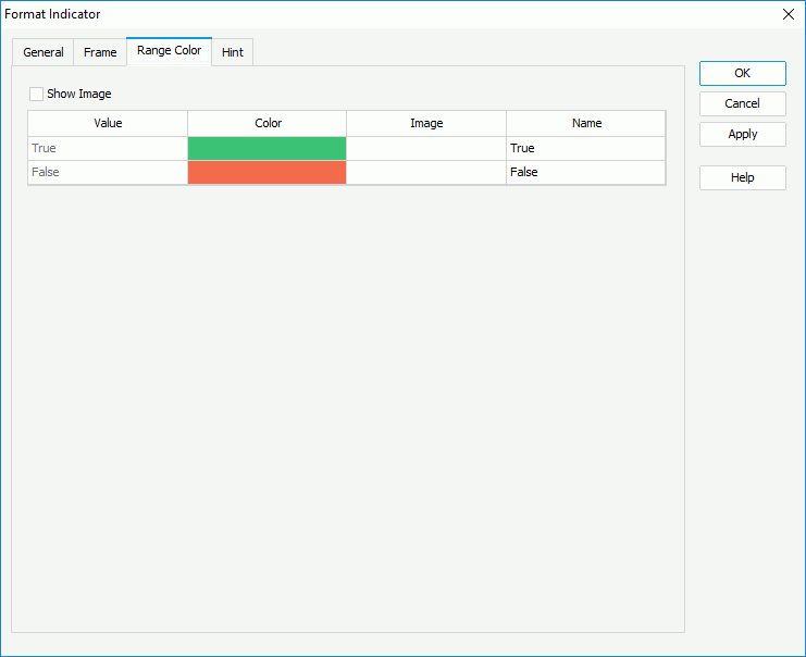 Format Indicator dialog box - Range Color tabs for Boolean values