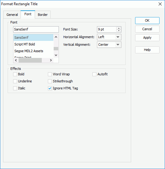 Format Rectangle Title dialog box - Font