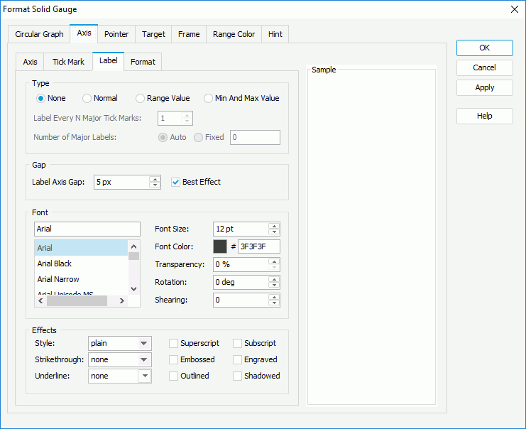 Format Solid Gauge dialog box - Axis - Label