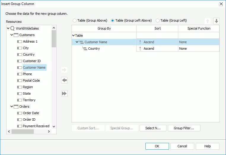 Insert Group Column dialog box