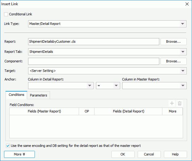 Insert Link dialog box - Master/Detail Report