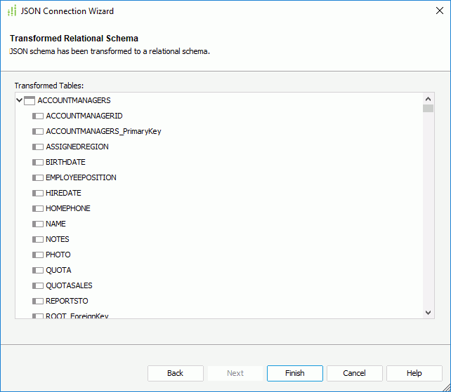 JSON Connection Wizard - Transformed Relational Schema