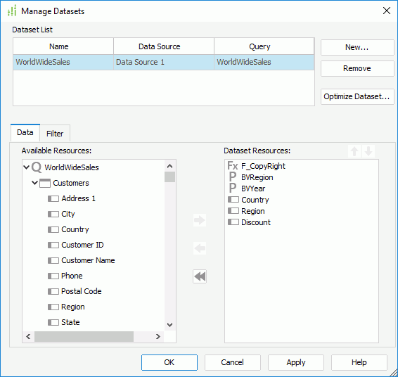 Manage Datasets dialog box