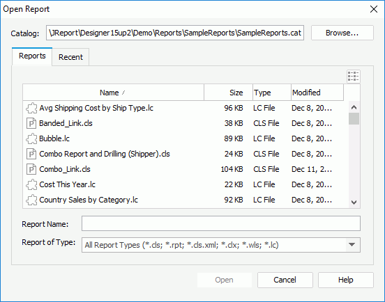 Open Report dialog box