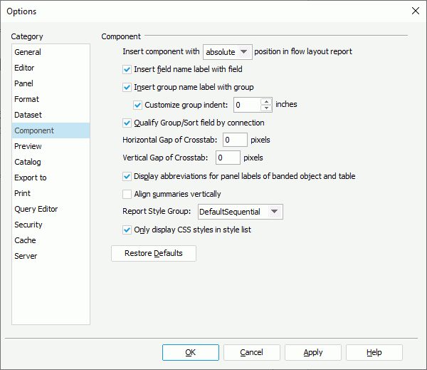 Options dialog box - Component category