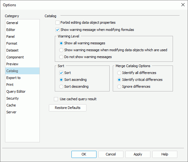 Options dialog box - Catalog category