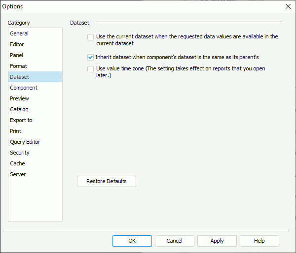 Options dialog box - Dataset category