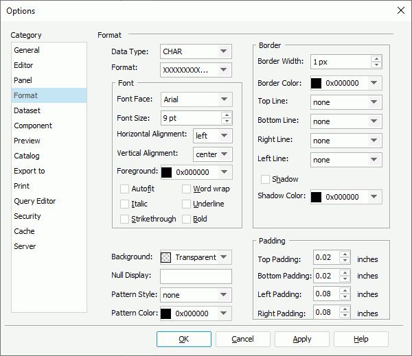 Options dialog box - Format category