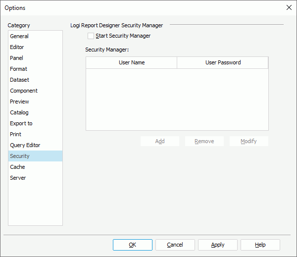 Options dialog box - Security category