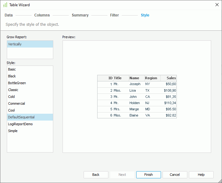 Summary Table Wizard - Style