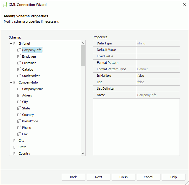 XML Connection Wizard - Modify Schema Properties