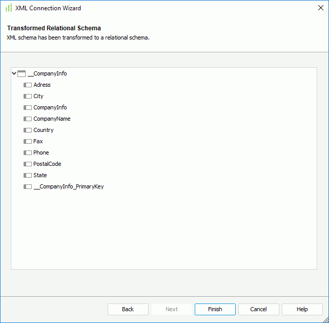 XML Connection Wizard - Transformed Relational Schema