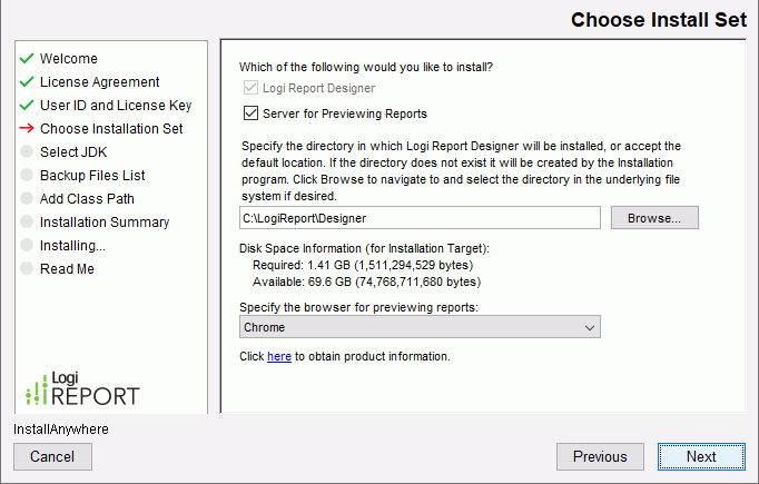 Logi Report Designer Installation wizard - Choose Installation Set screen