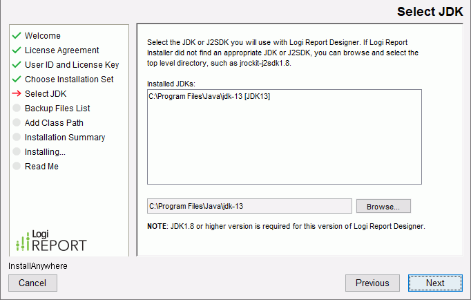 Logi Report Designer Installation wizard - Select JDK screen
