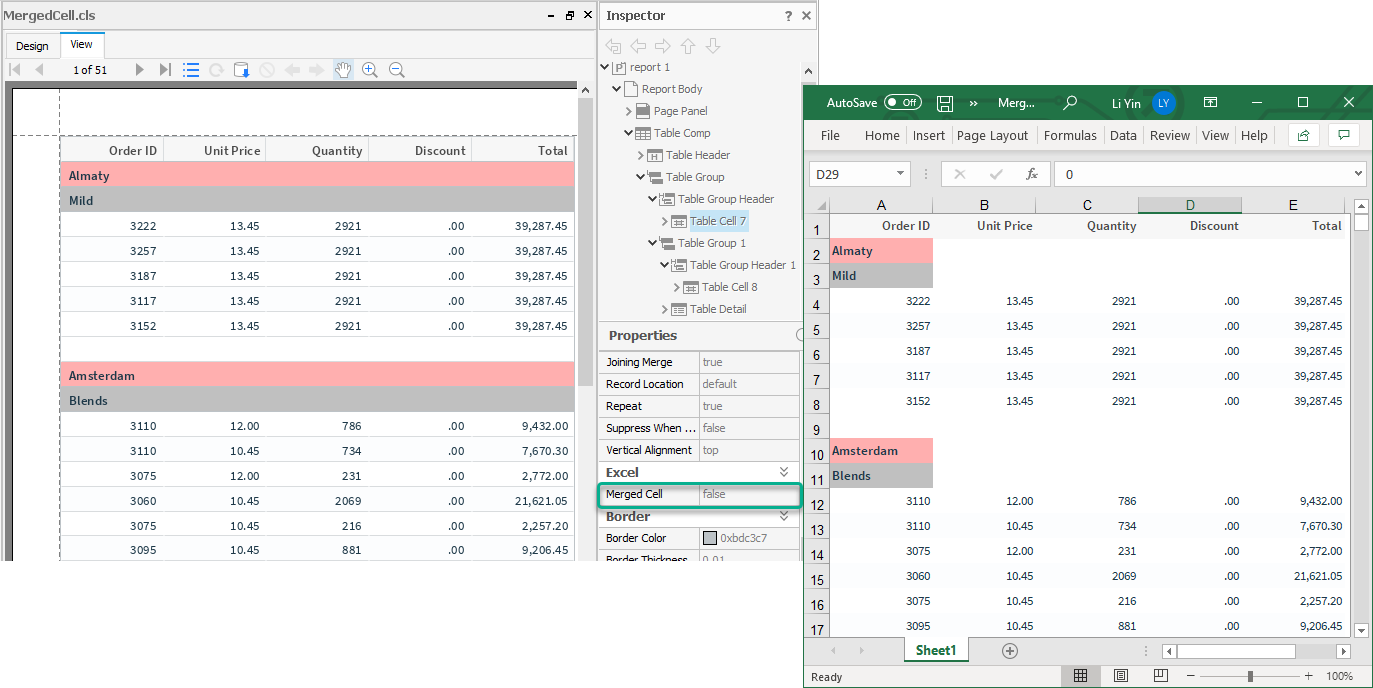 Excel Output When Merged Cell False