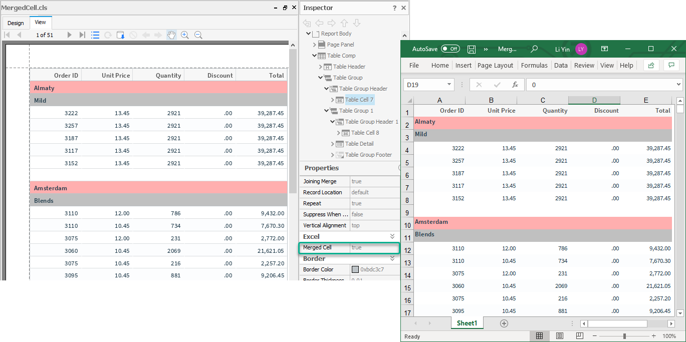 Excel Output When Merged Cell True