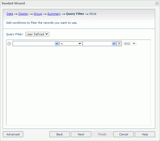 Banded Wizard - Query Filter screen