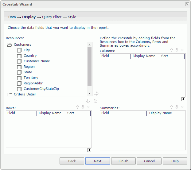 Crosstab Wizard - Display screen