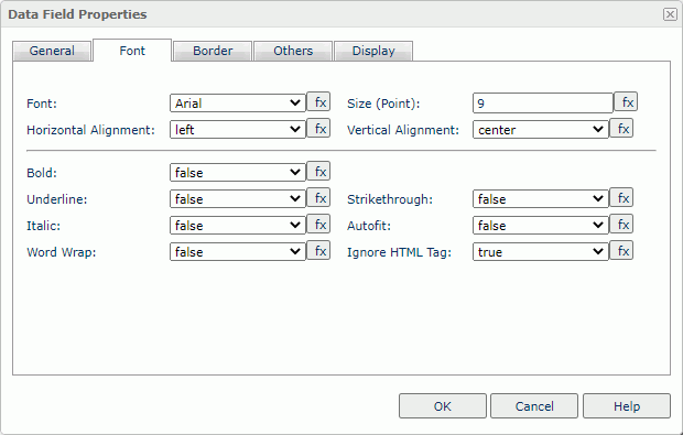 Data Field Properties dialog box - Font tab