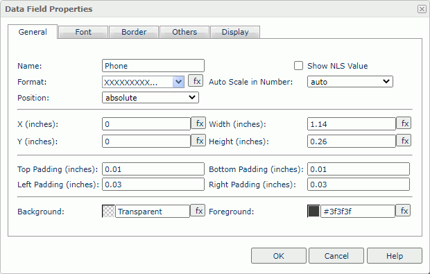 Data Field Properties dialog box - General tab