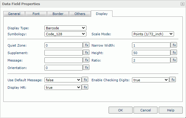 Data Field Properties dialog box - Barcode Display Type