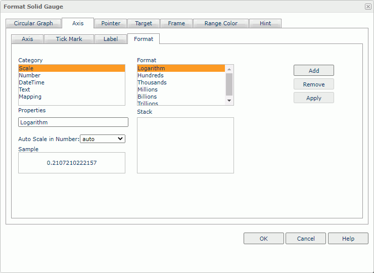 Format Solid Gauge dialog box - Axis - Format