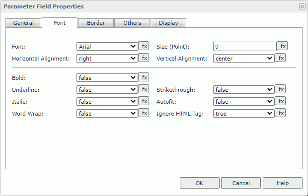 Parameter Field Properties dialog box - Font tab