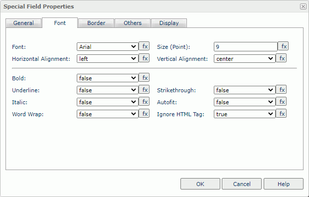 Special Field Properties dialog box - Font tab