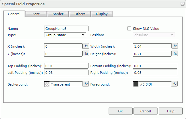 Special Field Properties dialog box - General tab