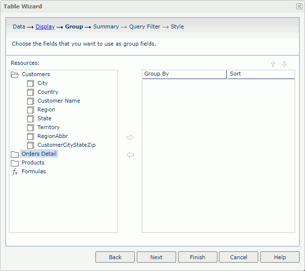 Table Wizard - Group screen