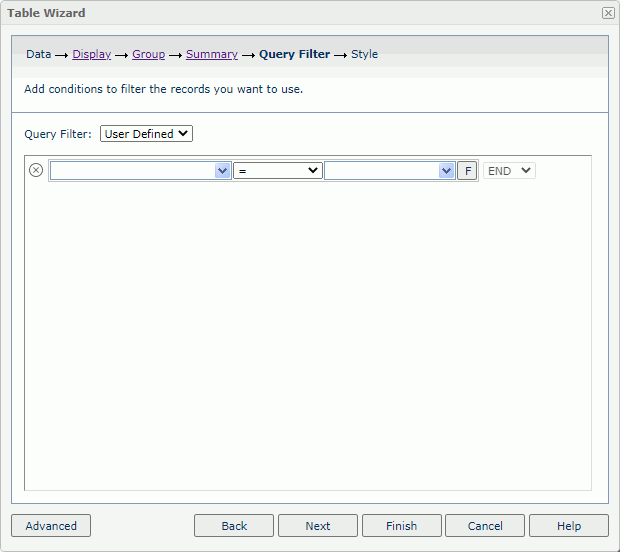 Table Wizard - Query Filter screen