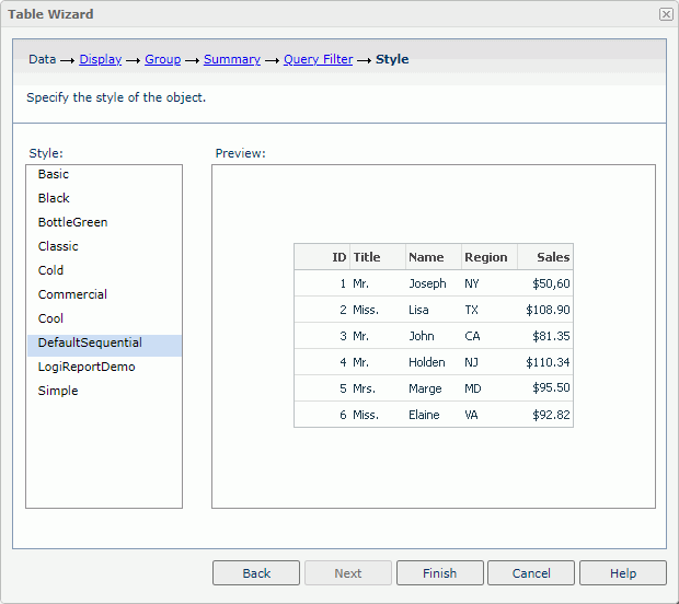 Table Wizard - Style screen