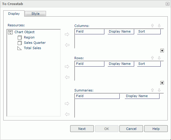 To Crosstab dialog box - Display tab