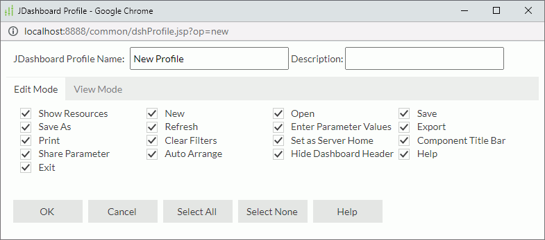 JDashboard Profile dialog box