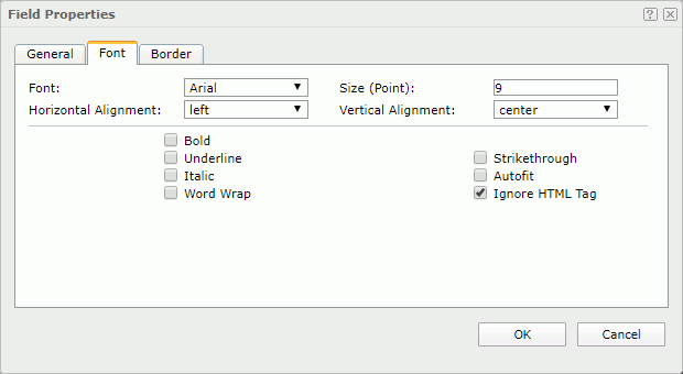 Field Properties dialog - Font tab