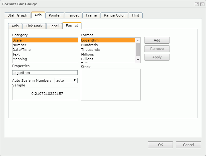 Format Bar Gauge dialog - Axis - Format