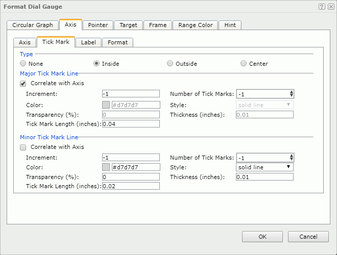 Format Dial Gauge dialog - Axis - Tick Mark