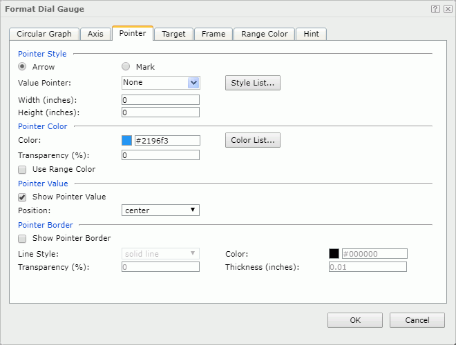 Format Dial Gauge dialog - Pointer