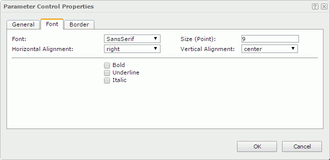 Parameter Control Properties dialog - Font tab