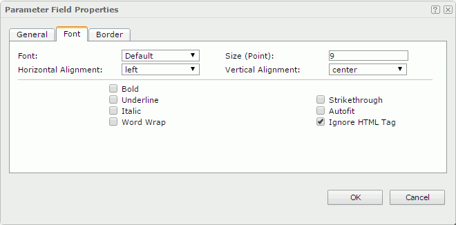 Parameter Field Properties dialog - Font tab